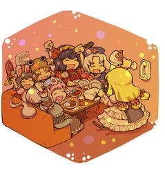  chibi everyone highres hitodama hounori inaba_tewi karaoke konpaku_youmu konpaku_youmu_(ghost) moriya_suwako multiple_girls myon saigyouji_yuyuko sing singing touhou yagokoro_eirin yakumo_yukari yasaka_kanako 