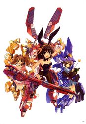  3girls absurdres animal_ears armor asahina_mikuru black_legwear breasts brown_eyes brown_hair bunnysuit cleavage highres itou_noiji mecha_musume multiple_girls nagato_yuki pantyhose rabbit_ears school_uniform suzumiya_haruhi suzumiya_haruhi_no_yuuutsu tagme twintails waitress wand 