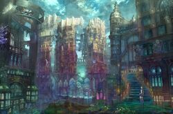  building buildings city cityscape cloud clouds colorful flower glow glowing highres landscape looking_back munashichi no_humans original scenery sky solo star star_(sky) starry_sky stars statue sword urban weapon 