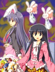  2girls animal_ears black_hair houraisan_kaguya long_hair looking_back multiple_girls necktie open_mouth purple_hair rabbit rabbit_ears reisen_udongein_inaba skirt smile touhou tsurukou_(tksymkw) 