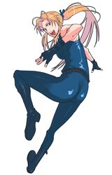  back bare_shoulders blonde_hair blue_eyes bodysuit boots fingerless_gloves from_behind g-room_honten gloves leg_up long_hair ponytail sarah_bryant virtua_fighter 