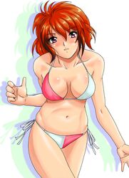  funky-harem ibis_douglas purple_eyes red_hair redhead shiny shiny_skin short_hair shu-z side-tie_bikini super_robot_wars swimsuit violet_eyes 