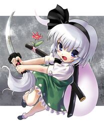  flower hairband hitodama katahira_masashi katana konpaku_youmu konpaku_youmu_(ghost) myon short_hair silver_hair sword touhou weapon 