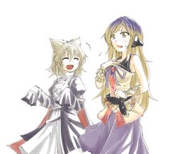  2girls ^_^ bare_shoulders belt bracelet brown_eyes brown_hair closed_eyes cosplay costume_switch earmuffs gradient_hair hijiri_byakuren jewelry long_hair multicolored_hair multiple_girls noise-111 open_mouth purple_hair short_hair simple_background skirt sleeves_past_wrists smile touhou toyosatomimi_no_miko white_background 