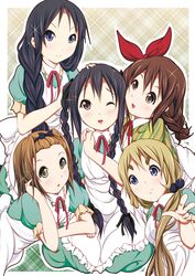 5girls akiyama_mio alternate_hairstyle black_eyes black_hair blonde_hair blue_eyes braid brown_eyes brown_hair dress highres hirasawa_yui k-on! kotobuki_tsumugi long_hair multiple_girls nakano_azusa short_hair tainaka_ritsu twin_braids yuuzaki_takumi 