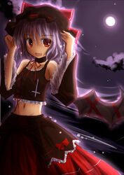  bat_wings blue_hair cloud clouds cross detached_sleeves hat mashayuki midriff moon red_eyes remilia_scarlet touhou wings 