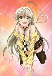  1girl absurdres ahoge blush fang green_eyes haiyore!_nyaruko-san highres huge_ahoge long_hair necktie nyarlathotep_(nyaruko-san) open_mouth silver_hair smile solo thighhighs 