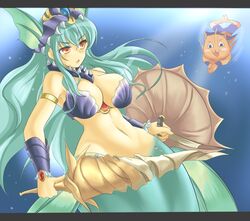  green_hair large_breasts long_hair mermaid midriff momio monster_girl red_eyes shell shell_bikini shield sword underwater weapon wide_hips 