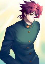  1boy black_n_12 earrings gakuran green_eyes jewelry jojo_no_kimyou_na_bouken kakyouin_noriaki pink_hair redhead school_uniform solo 