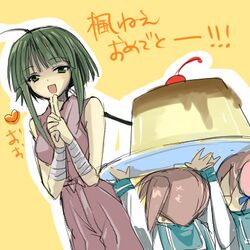  ahoge green_eyes green_hair lowres mahou_sensei_negima mahou_sensei_negima! multiple_girls nagase_kaede narutaki_fumika narutaki_fuuka ninja oekaki pudding translated twintails wink 