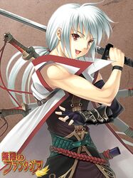  albino armor cape elbow_gloves gloves ikeda_yasuhiro katana long_hair lowres mugen_no_fantasia ponytail red_eyes scabbard sheath sword weapon white_hair wristband 