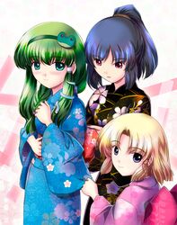  frog green_hair japanese_clothes kimono kochiya_sanae long_hair moriya_suwako purple_hair ribbon rope short_hair snake touhou yamaguchi_takashi yamaguchi_yuu yasaka_kanako 