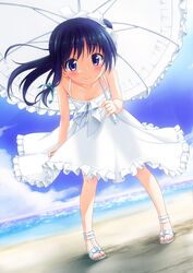  1girl beach blue_eyes blue_hair dress hair_ribbon long_hair original ribbon sakura_(k_tonpu) sandals side_ponytail sky smile solo umbrella water 