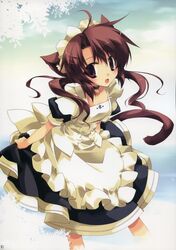  bell blush brown_eyes brown_hair cat_ears fang hair_ornament highres maid minazuki_haruka open_mouth scan short_hair skirt tail 
