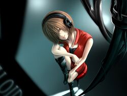  brown_eyes brown_hair foreshortening hair_over_one_eye headphones meiko short_hair skirt solo stool sumito vest vocaloid 