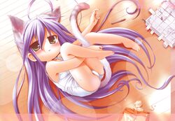  barefoot cat_ears cat_tail feet green_eyes ikuta_takanon izumi_konata long_hair lucky_star lying mole one-piece_swimsuit potato_chips purple_hair school_swimsuit swimsuit tail takanon very_long_hair white_school_swimsuit 