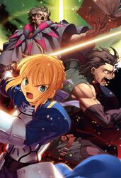  2boys absurdres ahoge armor armored_dress belt black_hair blonde_hair book caster_(fate/zero) diarmuid_ua_duibhne dress excalibur fate/stay_night fate/zero fate_(series) glowing glowing_weapon green_eyes grey_hair highres lancer_(fate/zero) mole multiple_boys orange_eyes saber scan sword takeuchi_takashi weapon yellow_eyes 