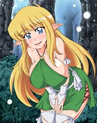  artist_request bent_over blue_eyes blush breasts bridal_gauntlets elf gotta_pee halter halterneck huge_breasts leaning_forward long_hair pointy_ears thigh-highs thighhighs tiffania_westwood zero_no_tsukaima 