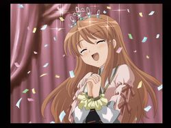  blush brown_hair closed_eyes confetti crown game_cg happy hat long_hair suzumiya_haruhi_no_yuuutsu tears tiara 
