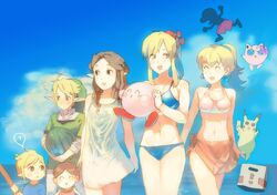  bikini blonde_hair box brown_hair cardboard_box clouds flower food fruit game_&amp;_watch hair_flower hair_ornament ice_climber ice_climbers jigglypuff kirby kirby_(series) link metal_gear_solid metroid mr._game_&amp;_watch nana_(ice_climber) ness nintendo peach pikachu pokemon princess_peach princess_zelda samus_aran sarong sea super_mario_bros. super_smash_bros. swimsuit the_legend_of_zelda toon_link uichi watermelon 