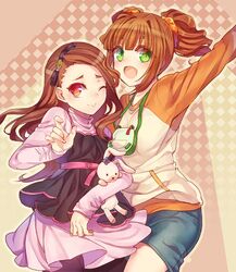  brown_eyes brown_hair green_eyes idolmaster long_hair minase_iori pantyhose ribbon smile stuffed_animal stuffed_toy takatsuki_yayoi tenkuu_sphere twintails wince 