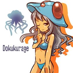  costume hat hitec long_hair midriff moemon navel nintendo personification pokemon pokemon_(game) pokemon_rgby romaji silver_hair simple_background solo swimsuit tentacruel white_background wink 