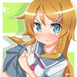  1girl black_hair brown_hair crossed_arms green_eyes inaka_keikou kousaka_kirino long_hair ore_no_imouto_ga_konna_ni_kawaii_wake_ga_nai school_uniform serafuku 