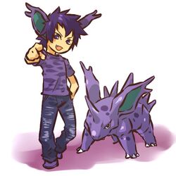  blush_stickers costume fang hand_on_hip hitec male moemon nidorino nintendo personification pointing pokemon pokemon_(game) pokemon_rgby purple_eyes purple_hair short_hair simple_background standing 