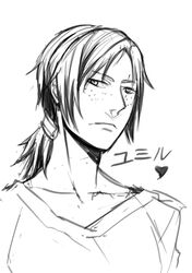  1girl character_name freckles heart highres monochrome palebloodfangirling ponytail shingeki_no_kyojin short_hair solo ymir_(shingeki_no_kyojin) 
