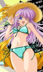  blue_eyes hair_ornament hat konoe_nanami lamune long_hair lowres purple_hair straw_hat swimsuit wink 