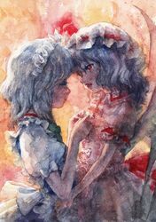  2girls bat_wings closed_eyes fangs hat izayoi_sakuya maid_headdress misawa_hiroshi multiple_girls open_mouth purple_hair red_eyes remilia_scarlet short_hair silver_hair touhou traditional_media watercolor_(medium) wings 