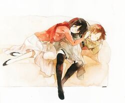  1boy 1girl black_hair blanket brown_hair closed_eyes couch eren_jaeger lee.s_(llaynie) mikasa_ackerman scarf shingeki_no_kyojin short_hair sleeping smile 