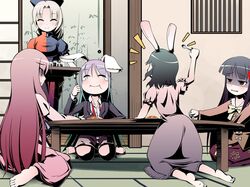  ^_^ animal_ears barefoot black_hair bunny_ears closed_eyes curry eating flat_gaze food gradient_hair happy houraisan_kaguya inaba_tewi long_hair multicolored_hair no_hat no_headwear patchouli_knowledge purple_hair reisen_udongein_inaba short_hair silver_hair sitting smile table tajuu teardrop tears touhou wariza yagokoro_eirin 