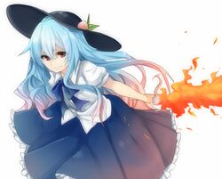  1girl blue_hair bow flaming_sword food fruit gradient_hair hat hinanawi_tenshi multicolored_hair peach pink_hair puffy_sleeves red_eyes shirt short_sleeves simple_background skirt smile solo sword_of_hisou touhou white_background yuya_(night_lily) 