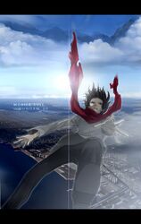  black_hair cityscape cloud clouds dark_skin falling gori_matsu gundam gundam_00 scarf scenery setsuna_f_seiei sky 