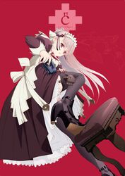  high_heels long_hair maid red_eyes shoes silver_hair stool thigh-highs thighhighs weapon 