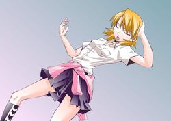  cardigan choker closed_eyes miniskirt persona persona_3 pose school_uniform segami_daisuke shirt short_hair skirt sweater_around_waist takeba_yukari 