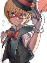  arcana_heart arcana_heart_2 blonde_hair blue_eyes bow card cards dorothy_albright dual_wielding gloves hat holding holding_card humio mask musical_note short_hair smile top_hat 