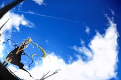 arms_behind_back blonde_hair cloud clouds dutch_angle from_behind from_below kamio_misuzu long_hair nabana ponytail sky socks solo very_long_hair 
