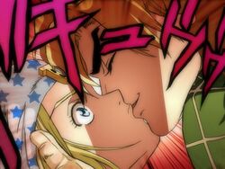  beanie blonde_hair blue_eyes derivative_work diego_brando fake_screenshot hat johnny_joestar jojo_no_kimyou_na_bouken kiss noko_(69181105) parody star steel_ball_run 