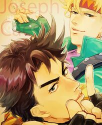  2boys blonde_hair brown_hair bubble caesar_anthonio_zeppeli chikuwa9 fingerless_gloves gloves green_eyes green_jacket headband jacket jojo_no_kimyou_na_bouken joseph_joestar_(young) multiple_boys pointing scarf 
