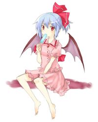  barefoot feet miya_(artist) miya_(tsumazukanai) ponytail popsicle remilia_scarlet ribbon touhou wings 