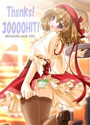  akino_shin brown_hair from_behind green_panties hits looking_at_viewer looking_back panties pia_carrot pia_carrot_(series) pia_carrot_3 pia_carrot_e_youkoso!!_3 purple_eyes ribbon thigh-highs thighhighs underwear violet_eyes waitress zettai_ryouiki 