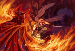  cape cave dual_wielding edward_geraldine final_fantasy final_fantasy_iv fire horns katana kneeling male rubicante scarf sword weapon 