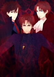  3boys blue_eyes brown_eyes brown_hair cravat cross cross_necklace emiya_kiritsugu facial_hair fate/stay_night fate/zero fate_(series) goatee jewelry kotomine_kirei multiple_boys necklace necktie norio_(chiki!chiki!) toosaka_tokiomi 