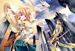  blue_eyes butterflies butterfly dragon red_hair redhead sorachi_satoko staff sword traditional_media weapon 