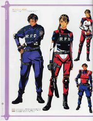  claire_redfield elza_walker gun highres leon_s_kennedy official_art police police_uniform racing_suit resident_evil shotgun uniform weapon 