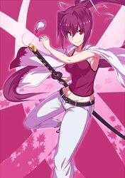  1girl breasts cape highres long_hair midriff navel nodachi ponytail purinnssu purple_hair red_eyes ribbon solo tank_top unbuttoned under_night_in-birth very_long_hair weapon yuzuriha 