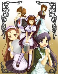  amami_haruka apron bad_id bonnet bucket glasses hagiwara_yukiho idolmaster kisaragi_chihaya maid minase_iori ribbon ribbons skirt tray tsuyushima wrist_cuffs 