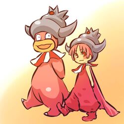  arms_behind_back blush_stickers cape hat hitec moemon nintendo open_mouth personification pink_hair pokemon pokemon_(game) pokemon_gsc red_eyes simple_background sleeveless slowking smile walking wavy_mouth 